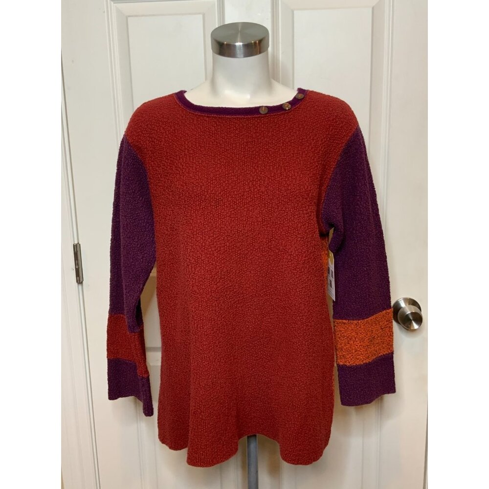 Margaret Winters Red, Orange, Purple Patchwork Wide Neck Knit Sweater Size Small